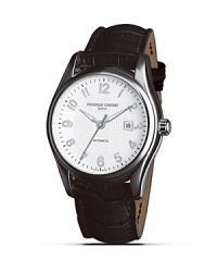 With the introduction of the Runabout collection, Frédérique Constant has once again delivered on its promise of providing an outstanding, but accessible, luxurious timepiece, drawing on a rich heritage of tradition while remaining resolutely contemporary. Automatic calibre: Hours, Minutes, Seconds and Date. Silver dial with guilloche Clous de Paris decoration in the center, brown leather strap. Made in Geneva, Switzerland.