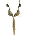 Walk into autumn with natural style. Bar III's leaf-designed necklace highlights a tassel drop with linear crystal accents. Crafted in gold tone mixed metal. Approximate length: 24 inches. Approximate drop: 7 inches.