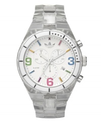 Don't take yourself too seriously. Colorful Cambridge watch by adidas crafted of crystal clear nylon plastic bracelet and round case with silver tone bezel. White chronograph dial features multicolor numerals at three, six and nine o'clock, stick indices, minute track, three subdials, date window, three hands and logo. Quartz movement. Water resistant to 50 meters. Two-year limited warranty.