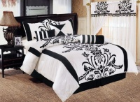 Chezmoi Collection 7-Piece White with Black Floral Flocking Comforter Set Bed-in-a-Bag for King Size Bedding, 106 by 92-Inch