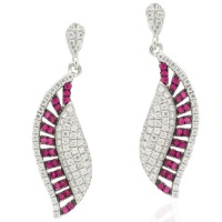 Ryssa925 Micropave Series - Sterling Silver & Sworovski Cubic Zirconia Red Baguette Leaf Earrings