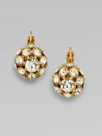 Brilliant glass studs radiate from every angle on a hand-crafted, jeweled orb style. Glass 12k goldplated Drop, about ¾ Diameter, about ½ 14k gold-filled ear wire Imported