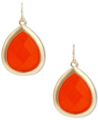 Drops of summer. These colorful drop earrings feature faceted orange acrylic beads in a teardrop design, framed in a gold tone mixed metal setting. Approximate drop: 1-1/2 inches.