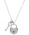 Secure your new look. This glitzy necklace from Fossil features lock and key pendants embellished with clear pave crystals. Crafted in polished stainless steel. Approximate length: 16 inches + 2-inch extender. Approximate drop: 7/8 inch.