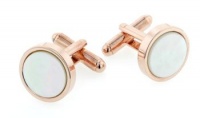 Unusual rose gold plated cufflinks with a mother of pearl accent with presentation box. Made in the U.S.A