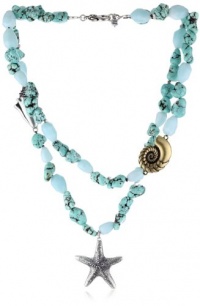 Lucky Brand Capri Silver-Tone Ocean Shell & Starfish Accents Semi Precious Turquoise Stone Strand Charm Necklace JLRU5961