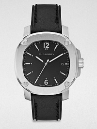 A classic timepiece with a brushed, stainless steel case and a luxurious, stitched leather strap. Quartz movementWater resistant to 5 ATMOctagonal stainless steel case, 43mm (1.7) Screw accented bezelBlack dialBar and numeric hour markersDate display at 3 o'clockSecond hand Black stitched leather strapMade in Switzerland 