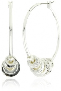 Nine West Silver-Tone Plated Crystal Bead Large Hoop Earrings