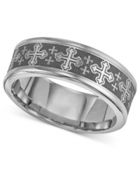 Define your faith in style. This edgy cross-patterned men's ring features a comfort fit band crafted in cobalt. Approximate band width: 8 mm. Sizes 8-15.