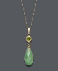 Serene and stylish. This tranquil pendant features a faceted jade teardrop (18 mm x 8 mm) accented by a sparkling, round-cut peridot (1 ct. t.w.). Setting and chain crafted in 14k gold. Approximate length: 18 inches. Approximate drop: 1-1/4 inches.