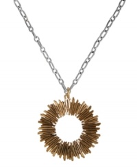 Fashion that really shines. This pendant necklace from Lucky Brand features a sunburst with semi-precious gold sandstone accents. Chain set in silver tone mixed metal. Approximate length: 25 inches + 2-inch extender. Approximate drop: 3 inches.