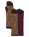 Aqua's touch-screen compatible gloves are as versatile as they are fabulous-they can be worn as long, printed gloves; short, solid gloves; or as leopard-printed armwarmers.