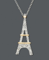 Sophisticated and chic, this Eiffel Tower pendant is Tres Magnifique! Necklace features round-cut diamond (1/10 ct. t.w.) in an 18k gold and sterling silver setting. Approximate length: 18 inches. Approximate drop: 1 inch.