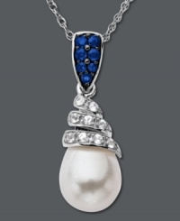 Swirling sophistication. Set in sterling silver, this unique pendant features round-cut blue sapphires at the bail (1/5 ct. t.w.) with round-cut white sapphires (1/5 ct. t.w.) encircling a cultured freshwater pearl (9 mm x 11 mm). Approximate length: 18 inches. Approximate drop: 1 inch.