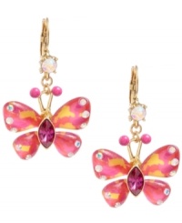 Freshen your look with style inspired by nature. Betsey Johnson's whimsical butterfly earrings come to life with bright orange and pink resin and sparkling crystal accents. Set in gold-plated mixed metal. Approximate drop: 2 inches.