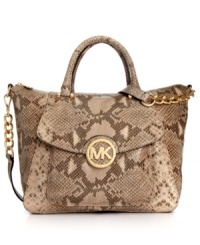 Show some skin with this python-embossed leather satchel from MICHAEL Michael Kors that lends an exotic look to any outfit. Signature 18K gold hardware and chain-link detailing adorn the outside, while the pocket-lined interior stashes your essentials with ease.