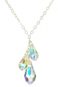 Sterling Silver Swarovski Elements Crystal Aurora Borealis Linear Teardrops Necklace, 18