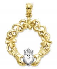 Symbolic for love, this pretty Claddagh charm makes the perfect gift. Crafted in 14k gold and sterling silver with a unique, cut-out shape. Chain not included. Approximate length: 1-1/10 inches. Approximate width: 4/5 inch.