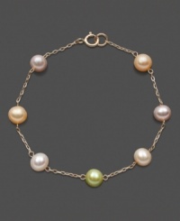 Pretty pearls in a variety of colors. This delicate children's pearl bracelet features multicolored cultured freshwater pearls (5-6 mm) set in 14k gold. Approximate length: 6 inches.