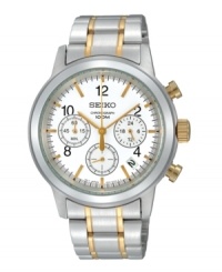 A classic dress watch with modern tech, from Seiko. Crafted of stainless steel bracelet with gold tone accents and round case, 40mm. White chronograph dial features three subdials, date window, gold tone applied stick indices, black numerals at two, four, eight, ten and twelve o'clock, minute track, gold tone three hands and logo at twelve o'clock. Quartz movement. Water resistant to 100 meters. Three-year limited warranty.