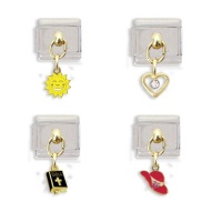 Sun with Smile, Heart with Crystal, Bible and Red Hat Dangle Italian Charm Link Set