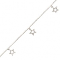 Sterling Silver 9 + 1 Inch Extension Rhodium Plated Anklet with CZ Star Drops