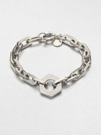 A logo accented nut charm sits on a narrow, chain link design. Rhodium-plated brassLength, about 7.6Charm size, about .75Spring ring closureImported 