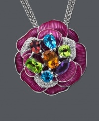 Spring is in bloom!  Adorn your neckline with Town & Country's vibrant flower for a sweet look. Crafted in sterling silver, necklace features multiple sparkling gemstones, including diamonds (1/5 ct. t.w.), peridot (1-9/10 ct. t.w.), citrine (1 ct. t.w.), blue topaz (1-1/3 ct. t.w.), pink tourmaline (3/8 ct. t.w.), and amethyst (1/2 ct. t.w.). Approximate length: 18 inches. Approximate drop: 1 inch.