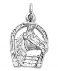 Get equestrian! This shiny charm features an intricately-carved horse head inside a horseshoe, for extra good luck. Crafted in 14k white gold. Chain not included. Approximate length: 4/5 inch. Approximate width: 2/5 inch.