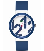 Classic nautical style you've come to love from Lacoste. Unisex Goa watch crafted of navy silicone strap and round plastic case with navy bezel. White dial features 1212 print, iconic crocodile logo at twelve o'clock, cut-out hour and minute hands, and red second hand. Quartz movement. Water resistant to 30 meters. Two-year limited warranty.