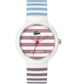 Sweeter than a double scoop ice cream cone. This unisex Goa watch by Lacoste is crafted of blue and lavender stripe silicone strap and round white plastic case. Lavender stripe dial features iconic crocodile logo, cutout hour and minute hands and red second hand. Quartz movement. Water resistant to 30 meters. Two-year limited warranty.