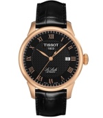 Elegance embodied in a sleek design, by Tissot. The Le Locle watch is crafted of black leather strap and round rose-gold PVD plated stainless steel case. Black dial with textured inner dial features rose-gold tone applied Roman numerals, minute track, rose-gold tone three hands, date window at three o'clock and logo at twelve o'clock. Swiss automatic movement. Water resistant to 30 meters. Two-year limited warranty.