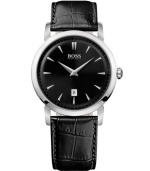 Definitive style that never goes off-trend, by Hugo Boss. Watch crafted of black croc-embossed leather strap and round stainless steel case. Black dial features applied silver tone stick indices, minute track, date window at six o'clock, silver tone hour and minute hands and logo at twelve o'clock. Quartz movement. Water resistant to 30 meters. Two-year limited warranty.