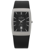 Steer clear of fleeting trends and remain timeless with this classic Skagen Denmark dress watch. Black leather strap and rectangular stainless steel case. Black dial features silvertone stick indices, date window at six o'clock, luminous hands and logo. Quartz movement. Water resistant to 30 meters. Limited lifetime warranty.