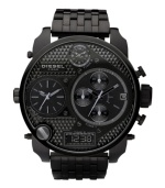 By the dark of night. Watch by Diesel crafted of black ion-plated stainless steel bracelet and round case, 65x57mm. Textured black chronograph dial features three analog display subdials, date window, logo plate and negative display digital window. Quartz movement. Water resistant to 50 meters. Two-year limited warranty.