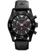 A contemporary black-on-black chronograph, by Emporio Armani. Watch crafted of black logo-stamped rubber strap and round black-plated stainless steel case with black bezel. Textured black chronograph dial features silver tone stick indices, minute track, date window at six o'clock, three subdials, three hands and logo. Quartz movement. Water resistant to 50 meters. Two-year limited warranty.