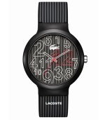 Brilliant streaks from Lacoste. Unisex Goa watch crafted of gray and black stripe silicone strap and round plastic case. Gray and black stripe dial features jumbled white and red numerals, iconic crocodile logo at twelve o'clock, cut-out hour and minute hands, and red second hand. Quartz movement. Water resistant to 30 meters. Two-year limited warranty.