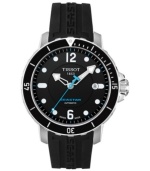 On dry land or underwater, the Seastar 1000 watch from Tissot is ideal for the adventurous gentleman. Crafted of black rubber strap with logo detail and round stainless steel case. Black dial features silver tone dot markers, logo, date window at three o'clock, minute track, silver tone hour and minute hands, blue second hand and numerals at twelve and six o'clock. Includes helium valve for depressurizing watch. Swiss automatic movement. Water resistant to 300 meters. Two-year limited warranty.