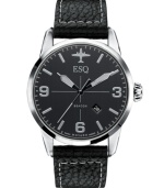 Take your style to new heights with this aviation-inspired timepiece from ESQ by Movado. Crafted of black distressed leather strap and round stainless steel case. Black aviation-inspired dial with silver-tone applied stick indices, numerals at three, six and nine o'clock, date window at four o'clock, three hands and plane logo at twelve o'clock. Swiss quartz movement. Water resistant to 50 meters. Two-year limited warranty.