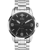 Subtle features add understated style to this fine watch from ESQ by Movado. Crafted of stainless bracelet and round case. Black aviation-inspired dial with silver tone applied stick indices, numerals at three, six and nine o'clock, date window at four o'clock, three hands and plane logo at twelve o'clock. Swiss quartz movement. Water resistant to 50 meters. Two-year limited warranty.