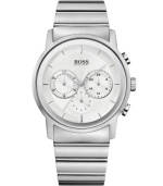 Dress for success with simple style from Hugo Boss. Watch crafted of stainless steel bracelet and round case. Silver tone chronograph dial features applied silver tone stick indices, three subdials, three hands and logo at twelve o'clock. Quartz movement. Water resistant to 50 meters. Two-year limited warranty.