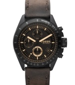 A rugged Decker collection chronograph watch from Fossil that blends smooth leather with structured steel for a complete look.