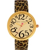 Right on time for all nine lives. Watch by Betsey Johnson crafted of leopard print plated stainless steel expansion bracelet and oversized round gold tone stainless steel case. Champagne dial features black numerals, gold tone hour and minute hands, signature fuchsia second hand and logo. Quartz movement. Water resistant to 30 meters. Two-year limited warranty.