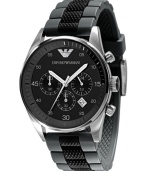 A valiant watch by Emporio Armani. Black and gray textured silicone strap and round stainless steel case. Black chronograph dial with silvertone numerals, logo, date window and three subdials. Analog movement. Water resistant to 50 meters. Two-year limited warranty.