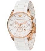 Look on the bright side. Radiant watch by Emporio Armani crafted of rose-gold-plated stainless steel bracelet wrapped in white silicone and round case. White chronograph dial features rose-gold tone numerals and minute track, three subdials, date window and logo at twelve o'clock. Quartz movement. Water resistant to 50 meters. Two-year limited warranty.