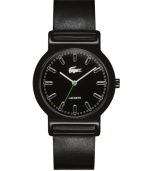 For every day, with any look, wherever you go. Tokyo watch by Lacoste crafted of black leather strap and round black plastic case. Black dial features applied stick indices, minute track, crocodile logo at twelve o'clock, silver tone minute and hour hands and green second hand. Quartz movement. Water resistant to 30 meters. Two-year limited warranty.