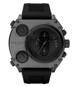 Nobody will doubt that you mean business. Watch by Diesel crafted of black silicone strap and round black ion-plated stainless steel case, 55x53mm. Largest of three black dials features date window and three chronograph subdials and two additional smaller dials feature stick indices. Quartz movement. Water resistant to 100 meters. Two-year limited warranty.