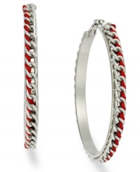 Flaunt the bold, exotic colors of Brasil. Red ribbon serves as the focal point of these Falchi braided hoops in silver tone mixed metal. Approximate diameter: 2-1/2 inches.