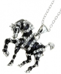 Cute Zebra Safari Charm Necklace with Austrian Crystals and Black Enamel Stripes - Silver Rhodium Plated