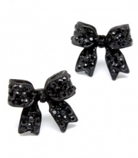 Adorable 3/4 Ribbon Bow Stud Earrings with Sparkling Jet Black Austrian Crystals - Silver Rhodium Plated